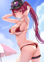 Rule 34 | 1girl, armpits, arms behind head, arms up, ass, bare shoulders, baseball cap, bikini, blue sky, blush, breasts, butt crack, cleavage, collarbone, darkmaya, eyewear on head, grin, hat, heart, heart-shaped eyewear, heterochromia, high ponytail, hololive, houshou marine, houshou marine (summer), jewelry, large breasts, long hair, looking at viewer, necklace, ponytail, red bikini, red eyes, red hair, sky, smile, solo, sunglasses, swimsuit, thigh strap, thighs, tinted eyewear, very long hair, virtual youtuber, yellow eyes