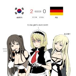 Rule 34 | &gt;:o, 2018, 2018 fifa world cup, 3girls, :d, :o, angry, aqua eyes, arm at side, artist request, bad id, bad twitter id, black detached collar, blonde hair, blue eyes, blush, braid, breasts, choker, cleavage, detached collar, female focus, fifa, french braid, g36 (girls&#039; frontline), german flag, german text, girls&#039; frontline, grey eyes, grey hair, hand up, jacket, k2 (girls&#039; frontline), k5 (girls&#039; frontline), korean text, large breasts, laughing, long hair, looking at another, maid headdress, matching hair/eyes, medium breasts, multiple girls, one side up, open mouth, partially translated, shaded face, shirt, short hair, short sleeves, smile, south korean flag, sweatdrop, taesi, translation request, trembling, vest, white shirt, world cup