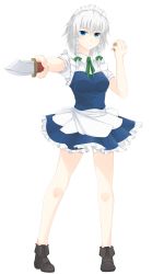 Rule 34 | 1girl, absurdres, apron, bad id, bad pixiv id, blue eyes, collared shirt, dress, frilled shirt, frilled shirt collar, frills, frown, highres, izayoi sakuya, knife, looking at viewer, maid, maid apron, maid headdress, pocket watch, pointing, pointing at viewer, puffy short sleeves, puffy sleeves, serious, shirt, short hair, short sleeves, solo, surota, touhou, watch, white hair