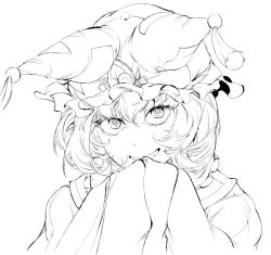 Rule 34 | 1girl, :d, animal hat, bad id, bad twitter id, commentary request, dress, eyelashes, greyscale, grin, hair between eyes, hat, hi you (flying bear), looking at viewer, mob cap, monochrome, open mouth, own hands together, mob cap, short hair, simple background, sleeves past fingers, sleeves past wrists, smile, solo, tassel, teeth, touhou, upper body, wide sleeves, yakumo ran