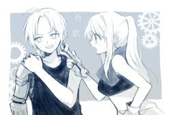 Rule 34 | 1boy, 1girl, puff of air, ahoge, annoyed, anzu (o6v6o), arm at side, automail, black shirt, blue theme, commentary request, earrings, edward elric, frown, fullmetal alchemist, gloves, hand on own shoulder, holding, holding wrench, jewelry, looking away, midriff, monochrome, nervous, open mouth, ponytail, profile, screw, shirt, simple background, sleeveless, sleeveless shirt, strapless, sweatdrop, towel, towel around neck, tube top, two-tone background, upper body, winry rockbell, wrench