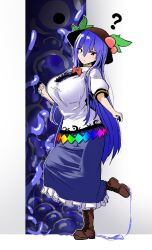 Rule 34 | 1girl, ?, akure ekuto, black headwear, blue hair, blue skirt, boots, bow, bowtie, brown footwear, center frills, closed mouth, commentary request, commission, cross-laced clothes, food, frilled skirt, frills, fruit, full body, hair between eyes, highres, hinanawi tenshi, leaf, long hair, looking down, monster, peach, rainbow gradient, red bow, red bowtie, short sleeves, skirt, slime (substance), tentacle hair, touhou, yellow eyes