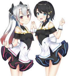 Rule 34 | 2girls, :3, alternate costume, alternate hairstyle, bare shoulders, black collar, black hair, blue eyes, blush, bow, breasts, closed mouth, clothing cutout, collar, detached sleeves, dress, fuji noyume, hair bow, hair ornament, hairclip, highres, holding hands, hololive, horns, long hair, medium breasts, medium hair, multicolored hair, multiple girls, nakiri ayame, oozora subaru, open mouth, ponytail, red eyes, shoulder cutout, skirt, two-tone hair, virtual youtuber, white hair, white sleeves