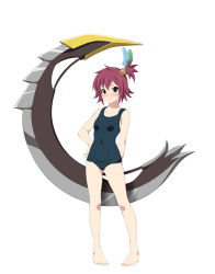 Rule 34 | 00s, 1girl, barefoot, blade, blush, fukuoka katsumi, green eyes, hand on own hip, nan (tales), one-piece swimsuit, pigeon-toed, school swimsuit, short hair, side ponytail, solo, swimsuit, tales of (series), tales of vesperia, thigh gap
