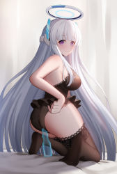 Rule 34 | 1girl, absurdres, ass, black leotard, black thighhighs, blue archive, blunt bangs, daoyan, from side, halo, headphones, highres, kneeling, lace, lace-trimmed legwear, lace trim, leotard, long hair, mechanical halo, noa (blue archive), purple eyes, thighhighs, underwear, very long hair, white hair