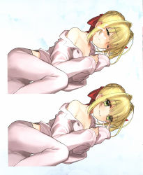 Rule 34 | 1girl, :&lt;, ahoge, blonde hair, blush, breasts, buttons, closed eyes, fate/extra, fate/extra ccc, fate (series), green eyes, hair ribbon, highres, looking at viewer, medium breasts, multiple views, nero claudius (fate), nero claudius (fate) (all), nero claudius (fate/extra), off shoulder, one eye closed, pajamas, parted lips, ribbon, scan, simple background, smile, squinting, suggestive fluid, wada arco