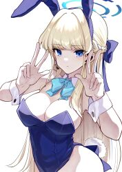 Rule 34 | 1girl, absurdres, animal ears, bare shoulders, blonde hair, blue archive, blue eyes, blue leotard, bow, bowtie, breasts, cleavage, closed mouth, detached collar, double w, earpiece, expressionless, fake animal ears, fake tail, gashitani, hair intakes, hairband, halo, hands up, highres, leotard, long hair, looking at viewer, medium breasts, microphone, playboy bunny, rabbit ears, rabbit tail, solo, tail, toki (blue archive), toki (bunny) (blue archive), upper body, very long hair, w, wrist cuffs