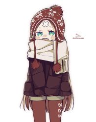 Rule 34 | 1girl, abigail williams (fate), beanie, blonde hair, blush, blush stickers, brown jacket, brown mittens, brown pantyhose, brown shorts, commentary request, fate/grand order, fate (series), fringe trim, green eyes, hat, highres, jacket, long hair, long sleeves, looking at viewer, mittens, nose blush, open mouth, pantyhose, pantyhose under shorts, parted bangs, red hat, ribbon-trimmed shorts, ribbon trim, scarf, sharp teeth, short shorts, shorts, signature, simple background, sleeves past wrists, sofra, solo, standing, teeth, twitter username, very long hair, white background, white scarf