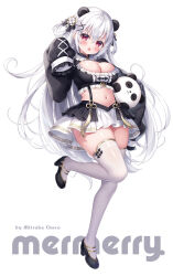 Rule 34 | 1girl, animal ears, artist name, black footwear, black shirt, blush, breasts, carrying, carrying under arm, cleavage, commentary request, crop top, fang, frilled shirt, frills, full body, hair between eyes, hair ornament, hair rings, hairclip, hand up, high heels, large breasts, long hair, long sleeves, midriff, mitsuba choco, navel, open mouth, original, panda ears, pleated skirt, puffy long sleeves, puffy sleeves, red eyes, shirt, shoes, simple background, skirt, sleeves past fingers, sleeves past wrists, solo, standing, standing on one leg, stuffed animal, stuffed panda, stuffed toy, thighhighs, very long hair, white background, white hair, white skirt, white thighhighs, x hair ornament