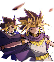 Rule 34 | 2boys, absurdres, atem, blue jacket, blush, cape, closed mouth, cropped legs, earrings, egyptian clothes, gokunobaka, highres, jacket, jewelry, multiple boys, muto yugi, outline, outstretched arm, purple cape, purple eyes, spiked hair, toga, white background, white outline, yu-gi-oh!, yu-gi-oh! duel monsters