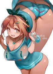 Rule 34 | 1girl, ass, atelier (series), atelier ryza, atelier ryza 1, blouse, blue panties, blue shirt, breasts, brown hair, butt crack, cowboy shot, female focus, hairband, hat, highres, holding, japanese text, jewelry, large breasts, looking at viewer, manyuu kaeru tasuke sansei, multiple views, necklace, no pants, off shoulder, open mouth, panties, reisalin stout, resolution mismatch, shiny skin, shirt, simple background, skindentation, source smaller, teeth, thighs, underwear, upper teeth only, white background