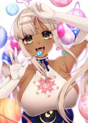 Rule 34 | 1girl, absurdres, arm up, blonde hair, blush, breasts, candy, collarbone, dark-skinned female, dark skin, elbow gloves, food, gloves, hair ornament, highres, holding, holding candy, holding food, holding lollipop, hololive, hololive english, kaniko (tsukumo sana), large breasts, limiter (tsukumo sana), lollipop, long hair, looking at viewer, murmoruno, open mouth, planet hair ornament, sideboob, smile, solo, teeth, tongue, tongue out, tsukumo sana, tsukumo sana (1st costume), twintails, upper body, upper teeth only, usaslug (tsukumo sana), v, virtual youtuber, white gloves