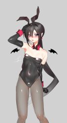 Rule 34 | 1girl, animal ears, arm up, bad id, bad pixiv id, bare shoulders, black gloves, black hair, blue eyes, blush, breasts, cameltoe, detached collar, elbow gloves, fake animal ears, genderswap, genderswap (mtf), gloves, gluteal fold, grey background, grey pantyhose, hair between eyes, hairband, hand on own head, highres, lady bat, leotard, long hair, low ponytail, mermaid melody pichi pichi pitch, ohisashiburi, pantyhose, parted lips, pointy ears, simple background, small breasts, solo, sweatdrop, very long hair, wrist cuffs