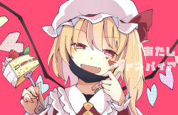 Rule 34 | 1girl, :d, ascot, blonde hair, blouse, blush, cake, commentary request, crystal, eyelashes, facial tattoo, fang, flandre scarlet, food, fork, hat, hat ribbon, heart, heart tattoo, highres, holding, holding fork, jagabutter, mask, mask pull, mob cap, mouth mask, nail polish, one side up, open mouth, pink background, profile, red eyes, red nails, red ribbon, red vest, ribbon, shirt, short hair, simple background, slit pupils, smile, solo, strawberry shortcake, tattoo, touhou, vampire (vocaloid), vest, vocaloid, white hat, white shirt, wings, wrist cuffs, yellow ascot