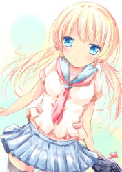 Rule 34 | 1girl, bag charm, black thighhighs, blonde hair, blue eyes, blue sailor collar, blue skirt, blush, breasts, briefcase, charm (object), closed mouth, commentary request, dutch angle, holding, long hair, low twintails, medium breasts, neckerchief, original, pleated skirt, red neckerchief, sailor collar, school briefcase, school uniform, serafuku, shihou haru, shirt, short sleeves, sidelocks, skirt, smile, solo, thighhighs, twintails, very long hair, white shirt