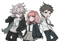 1girl 2boys :o ahoge alternate_hair_ornament black_shirt blunt_bangs brown_hair cowboy_shot danganronpa_(series) danganronpa_2:_goodbye_despair dress_shirt grey_hair hair_ornament hand_up highres hinata_hajime index_finger_raised jacket jangmo_(mo1858) komaeda_nagito long_sleeves medium_hair messy_hair miniskirt multiple_boys nanami_chiaki open_clothes open_jacket pink_eyes pleated_skirt print_shirt shirt shirt_tucked_in short_hair simple_background skirt white_background white_shirt