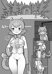 Rule 34 | 1girl, :3, puff of air, animal ears, ass, bar censor, bare shoulders, blush, bottomless, bow, bowtie, censored, center frills, clothes pull, comic, covered erect nipples, extra ears, female pubic hair, frills, gloves, greyscale, groin, hand on own hip, highres, holding, holding clothes, inada roku, indoors, kemono friends, kemono friends 3, medium hair, monochrome, nipples, no bra, panther ears, panther girl, panther tail, pantyhose, pantyhose pull, peach panther (kemono friends), pubic hair, pulling own clothes, see-through, shirt, silent comic, sleeveless, sleeveless shirt, solo, sparse pubic hair, stomach, tail, thigh gap, undressing, wet, wet clothes, wet shirt