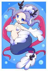 Rule 34 | 1girl, air bubble, blue eyes, blush, breasts, breasts apart, bubble, izanami (youkai watch), large breasts, long hair, looking at viewer, mermaid, monster girl, navel, no pupils, nollety, open mouth, pointy ears, purple hair, shell, shell bikini, solo, underwater, youkai (youkai watch), youkai watch