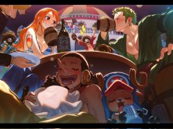 Rule 34 | 2girls, 6+boys, :d, beer mug, black hair, blue skin, blurry, blurry background, blush, bottle, breasts, brook (one piece), brown hair, cleavage, closed eyes, colored skin, cup, drinking, drooling, facial hair, fish boy, franky (one piece), from side, goatee, green hair, grin, hat, highres, holding, long hair, long sleeves, medium breasts, milk, monkey d. luffy, mug, multiple boys, multiple girls, nami (one piece), nico robin, one piece, open mouth, outdoors, pectorals, qin (7833198), roronoa zoro, sanji (one piece), scar, scar across eye, scar on chest, scar on face, short hair, skull, smile, stubble, teeth, tony tony chopper, usopp, white headwear, wine bottle