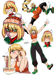 Rule 34 | 1girl, @ @, arms (game), bandaged arm, bandages, beanie, blonde hair, blunt bangs, blush stickers, breasts, chinese clothes, cleavage, commentary request, crop top, eating, eyebrows visible through mask, food, green eyes, green shirt, hat, highres, kamaboko, knit hat, layered clothes, mandarin collar, min min (arms), multicolored background, multicolored clothes, multicolored headwear, multiple views, narutomaki, nintendo, noodles, orange headwear, orange shorts, orange sports bra, print headwear, ramen, ryuusei (mark ii), shirt, short eyebrows, shorts, signature, sports bra, standing, standing on one leg, super smash bros., thick eyebrows, translation request, v-shaped eyebrows