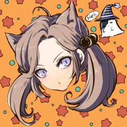 Rule 34 | 1boy, 1girl, aged down, animal ears, brown hair, cat ears, commentary request, cropped head, edelgard von hresvelg, fire emblem, fire emblem: three houses, highres, hubert von vestra, long hair, nintendo, orange background, purple eyes, twintails, umi ( oneinchswing)