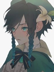 Rule 34 | 1boy, aqua hair, black bow, black bowtie, black hair, blush, bow, bowtie, braid, brooch, capelet, collared capelet, commentary, eyelashes, flower, genshin impact, gradient hair, green capelet, green eyes, green hat, haruno ryo 1202, hat, hat flower, highres, jewelry, looking to the side, male focus, multicolored hair, serious, shirt, simple background, solo, striped bow, striped bowtie, striped clothes, striped neckwear, twin braids, upper body, venti (genshin impact), white background, white flower, white shirt, yellow bow, yellow bowtie