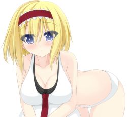 Rule 34 | 1girl, alice margatroid, bad id, bad nicoseiga id, bikini, blonde hair, blue eyes, breasts, chimunge, cleavage, hairband, large breasts, looking at viewer, navel, short hair, simple background, solo, swimsuit, touhou, white background, white bikini