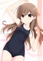 Rule 34 | 1girl, arashio (kancolle), breasts, brown eyes, brown hair, character name, collarbone, competition school swimsuit, cowboy shot, gluteal fold, hair between eyes, highres, inaba shiki, kantai collection, long hair, looking at viewer, lying, school swimsuit, small breasts, smile, solo, swimsuit