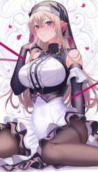 Rule 34 | 1girl, absurdres, amahara subaru, bare shoulders, black gloves, black pantyhose, blush, braid, breasts, elbow gloves, falling petals, gloves, hand up, highres, large breasts, light brown hair, long hair, looking at viewer, nun, original, pantyhose, parted lips, petals, pointy ears, purple eyes, solo, thighband pantyhose, thighs