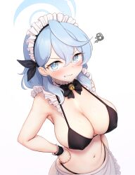 Rule 34 | 1girl, absurdres, ako (blue archive), alternate costume, apron, bare shoulders, bell, bikini, black bikini, black bow, black bowtie, black wristband, blue archive, blue eyes, blue hair, blue halo, blush, bow, bowtie, breasts, choker, cleavage, covered erect nipples, earrings, frilled apron, frilled bikini, frilled choker, frills, greenteamousou, hair between eyes, halo, hand on own hip, highres, jewelry, jingle bell, large breasts, long hair, looking at viewer, maid, maid apron, maid bikini, maid headdress, navel, parted lips, simple background, solo, squiggle, stomach, string bikini, swimsuit, unconventional maid, upper body, waist apron, white apron, white background, wrist cuffs, wristband