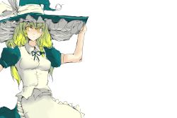 Rule 34 | 1girl, alternate color, bad id, bad pixiv id, blonde hair, braid, breasts, female focus, hand on headwear, hat, kai (kai 013), kirisame marisa, long hair, simple background, skirt, solo, touhou, white background, witch, witch hat, yellow eyes