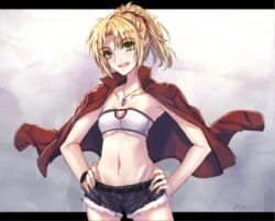 Rule 34 | 1girl, blonde hair, blush, breasts, cowboy shot, cutoffs, denim, denim shorts, fate/grand order, fate (series), green eyes, groin, hands on own hips, jacket, jacket on shoulders, letterboxed, mordred (fate), mordred (fate/apocrypha), mordred (memories at trifas) (fate), navel, neck ribbon, ponytail, red scrunchie, ribbon, scrunchie, shorts, small breasts, smile, solo, underboob, yaoto