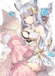 Rule 34 | 1girl, animal ears, ayuanlv, bare shoulders, blue eyes, blue flower, blue rose, breasts, closed mouth, dated, dress, elbow gloves, erune, feathers, flower, glint, gloves, granblue fantasy, hair ornament, head tilt, highres, jewelry, korwa, long hair, looking at viewer, mannequin, medium breasts, mouth hold, necklace, pearl necklace, pink dress, rose, see-through, signature, silver hair, sitting, sleeveless, sleeveless dress, smile, solo, strapless, strapless dress, thighhighs, thread, very long hair, white dress, white feathers, white gloves, white thighhighs