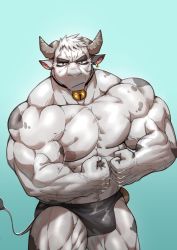 Rule 34 | 1boy, abs, absurdres, bara, bell, biceps, black male swimwear, black swim briefs, blue background, collar, cow boy, earrings, feet out of frame, fjrtuflrkdxk, flexing, furry, furry male, highres, horns, jewelry, large pectorals, looking at viewer, male focus, male swimwear, manly, mature male, muscular, muscular male, neck bell, nipples, original, pectorals, scar, scar on face, simple background, solo, swim briefs, swimsuit, thick arms, thick eyebrows, thick thighs, thighs, tight clothes, veins, veiny arms
