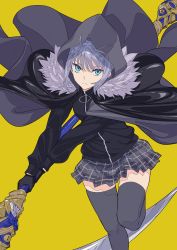 Rule 34 | 1girl, absurdres, black cloak, black gloves, black jacket, black thighhighs, blue eyes, cloak, closed mouth, eyebrows hidden by hair, fate (series), feet out of frame, frown, fur trim, gloves, gray (fate), grey hair, grey skirt, highres, holding, holding scythe, holding weapon, hood, hood up, hooded cloak, jacket, long sleeves, looking at viewer, lord el-melloi ii case files, miniskirt, plaid, plaid skirt, pleated skirt, running, scythe, short hair, simple background, skirt, solo, thighhighs, upturned eyes, weapon, xtango, yellow background, zettai ryouiki