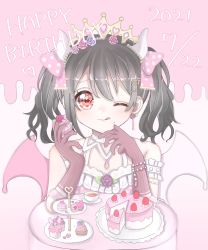 Rule 34 | 1girl, ;), ;p, artist name, artist request, bare shoulders, black choker, black hair, blush, bow, bracelet, breasts, cake, choker, collarbone, cup, curled horns, demon girl, demon horns, demon tail, demon wings, detached collar, dress, earrings, elbow gloves, female focus, floral print, flower, flower earrings, flower print, food, frilled dress, frills, gloves, grey wings, hair between eyes, hair bow, hair flower, hair ornament, hairclip, highres, holding, holding food, horns, jewelry, long hair, looking at viewer, love live!, love live! school idol festival, love live! school idol project, midriff, navel, one eye closed, parted lips, pearl bracelet, pink background, pink flower, pink gloves, pink rose, plate, polka dot, polka dot bow, purple flower, purple rose, red bow, red eyes, red flower, red rose, rose, short hair, short twintails, sidelocks, smile, solo, strawberry cake, striped clothes, striped gloves, table, tail, teacup, tiara, tongue, tongue out, twintails, upper body, vertical-striped clothes, vertical-striped gloves, wings, yazawa nico