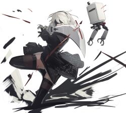 Rule 34 | 1girl, 2b (nier:automata), absurdres, black blindfold, black dress, black hairband, black thighhighs, blindfold, bob cut, boots, breasts, clothing cutout, covered eyes, dress, feet out of frame, gloves, hairband, highres, holding, holding sword, holding weapon, juliet sleeves, katana, leotard, long sleeves, looking at viewer, nagishiro mito, nier:automata, nier (series), pod (nier:automata), puffy sleeves, short hair, simple background, solo, sword, thighhighs, weapon, white background, white hair