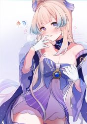 Rule 34 | 1girl, blue hair, blunt bangs, blush, breasts, cleavage, commentary request, contrapposto, cowboy shot, eyes visible through hair, finger to mouth, frilled sleeves, frills, genshin impact, gloves, gradient background, gradient hair, grey background, half gloves, heart, highres, long hair, looking at viewer, medium breasts, multicolored hair, open mouth, pink hair, purple eyes, sangonomiya kokomi, shorts, sirom, skindentation, smile, solo, vision (genshin impact), white background, white gloves, white shorts, wide sleeves