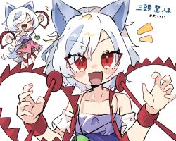 Rule 34 | 1girl, :d, animal ears, ankle cuffs, barefoot, breasts, chibi, chokomaron, claw pose, cleavage, collarbone, dog ears, dog girl, dog tail, extra tails, bear trap, grey hair, highres, jewelry, mitsugashira enoko, multicolored hair, multiple tails, necklace, off-shoulder shirt, off shoulder, open mouth, pink skirt, purple skirt, rainbow print, red eyes, shirt, simple background, skirt, small breasts, smile, tail, touhou, translation request, two-tone hair, unfinished dream of all living ghost, upper body, white background, white hair