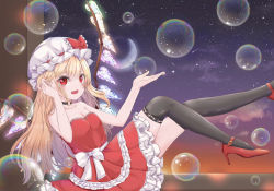 Rule 34 | 1girl, alternate costume, alternate hair length, alternate hairstyle, arms up, bare arms, bare shoulders, bat cutout, black choker, black thighhighs, blonde hair, breasts, bubble, choker, cleavage, cloud, collarbone, commentary request, crescent moon, dress, fang, flandre scarlet, gradient sky, hair between eyes, hand in own hair, hat, hat ribbon, high heels, layered dress, leg lift, long hair, looking at viewer, mob cap, moon, night, night sky, open mouth, over-kneehighs, petticoat, pointy ears, reclining, red dress, red eyes, red footwear, remitei03, ribbon, sash, shooting star, sky, small breasts, solo, star (sky), starry sky, stiletto heels, strapless, strapless dress, thighhighs, touhou, very long hair, windowsill, wings