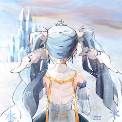 Rule 34 | 1girl, bare back, bare shoulders, beamed eighth notes, blue dress, blue hair, cloak, crown print, dated, day, detached sleeves, dress, earrings, eighth note, fortissimo, frilled sleeves, frills, from behind, gold trim, hair ornament, hatsune miku, highres, i401shioi, jewelry, light blue hair, long hair, long sleeves, musical note, musical note hair ornament, outdoors, palace, puffy detached sleeves, puffy long sleeves, puffy sleeves, see-through, signature, sleeveless, sleeveless dress, snow, snowflake print, snowflakes, solo, striped sleeves, tiara, twintails, upper body, very long hair, vocaloid, white sleeves, winter, yuki miku, yuki miku (2019)