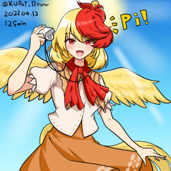 Rule 34 | 1girl, :d, animal, animal on head, bird, bird on head, blonde hair, blue sky, chick, commentary, dated, highres, holding, holding whistle, ldschem16, looking at viewer, multicolored hair, neckerchief, niwatari kutaka, on head, one-hour drawing challenge, open mouth, orange skirt, outdoors, red eyes, red hair, red neckerchief, short hair, short sleeves, skirt, sky, smile, solo, sun, sunken fossil world, touhou, twitter username, two-tone hair, whistle, yellow wings