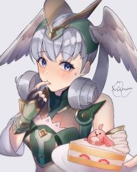 Rule 34 | 1girl, alternate costume, bare shoulders, blue eyes, blush, breasts, cake, detached sleeves, finger in own mouth, fingerless gloves, food, gloves, green headwear, grey background, head wings, highres, medium breasts, melia antiqua, mirin., nopon, silver hair, simple background, solo, upper body, wings, xenoblade chronicles (series), xenoblade chronicles 1