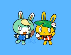 Rule 34 | 2boys, animal crossing, blonde hair, blue fur, blush, chocolate, closed eyes, cotton sprout, food, green hair, highres, ice cream, multiple boys, nintendo, open mouth, ribbon, sasha (animal crossing), simple background, toby (animal crossing), yellow fur