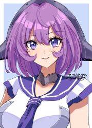 1girl blue_background collar dated dress headgear highres johssnny kantai_collection lexington_(kancolle) looking_at_viewer metal_collar neckerchief one-hour_drawing_challenge outside_border purple_eyes purple_hair purple_neckerchief purple_sailor_collar sailor_collar sailor_dress short_hair smile solo twitter_username two-tone_background upper_body