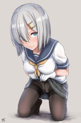 Rule 34 | 10s, 1girl, aoi tiduru, blue eyes, blush, bow, bow panties, brown pantyhose, chizurusou (tiduru 39), clothes lift, crotch seam, gloves, grey background, gusset, hair ornament, hair over one eye, hairclip, hamakaze (kancolle), highres, kantai collection, kneeling, leaning forward, lifted by self, lips, looking at viewer, no shoes, panties, panties under pantyhose, pantyhose, school uniform, serafuku, silver hair, simple background, skirt, skirt lift, solo, thighband pantyhose, underwear, white gloves, white panties
