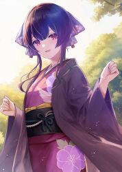 Rule 34 | 1girl, :d, backlighting, black hair, day, floral print, hair ornament, happi, idolmaster, idolmaster shiny colors, japanese clothes, kimono, long sleeves, looking at viewer, morino rinze, neme, open clothes, open mouth, outdoors, pink kimono, print kimono, red eyes, short hair with long locks, sidelocks, smile, solo, sunlight, wide sleeves