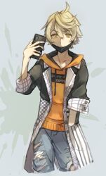 Rule 34 | 1boy, ahoge, black mask, blonde hair, brown eyes, cellphone, clothes writing, denim, ear piercing, eyebrows hidden by hair, face mask, hand in pocket, highres, holding, holding phone, jeans, kanade rindou, male focus, mask, mouth mask, pants, phone, piercing, shin subarashiki kono sekai, smartphone, solo, solo focus, subarashiki kono sekai, torn clothes, torn jeans, torn pants