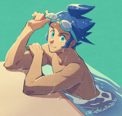 Rule 34 | 1boy, adjusting eyewear, aqua eyes, blue hair, commentary request, creatures (company), game freak, goggles, green background, looking to the side, male focus, marlon (pokemon), momoji (lobolobo2010), nintendo, parted lips, pokemon, pokemon bw2, short hair, smile, solo, topless male, water, wet