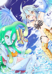 Rule 34 | 10s, 2girls, :d, ahoge, armpits, arms up, bikini, blue hair, blue skin, blue wings, breasts, cleavage, colored skin, feathered wings, green eyes, green hair, harpy, highres, innertube, md5 mismatch, monster girl, monster musume no iru nichijou, multiple girls, navel, one eye closed, open mouth, orange eyes, out of character, papi (monster musume), polka dot, polka dot bikini, polka dot swimsuit, side-tie bikini bottom, slime girl, smile, striped bikini, striped clothes, super soaker, suu (monster musume), swim ring, swimsuit, sylphine, trigger discipline, water, water gun, weapon, winged arms, wings